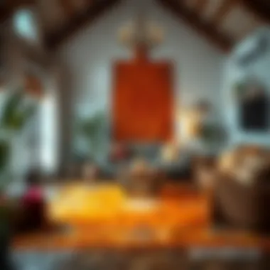 Burnt orange rug as a centerpiece in a bohemian styled room