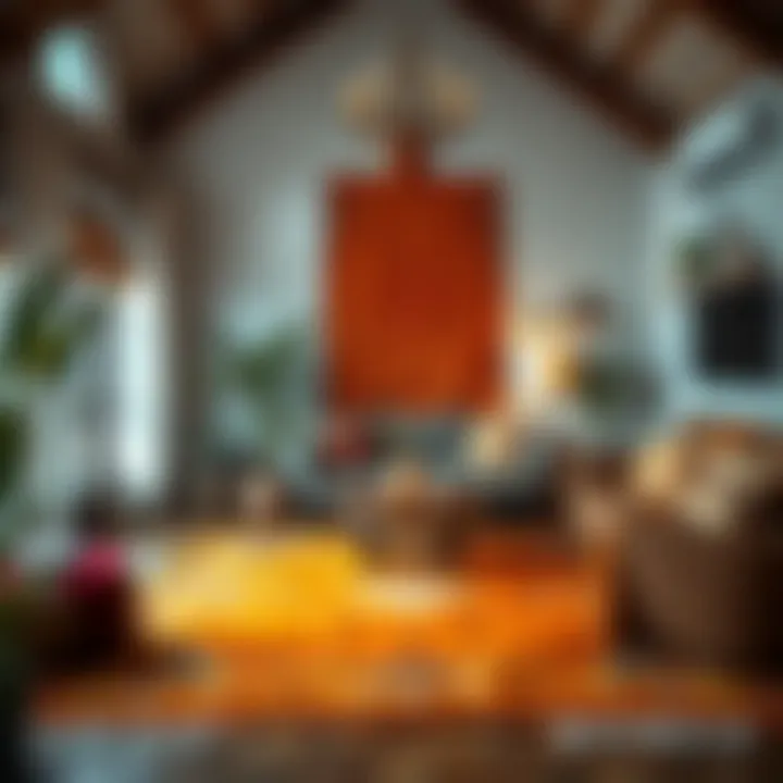 Burnt orange rug as a centerpiece in a bohemian styled room