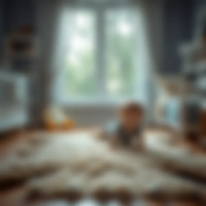 Child playing on a faux bear rug in a nursery