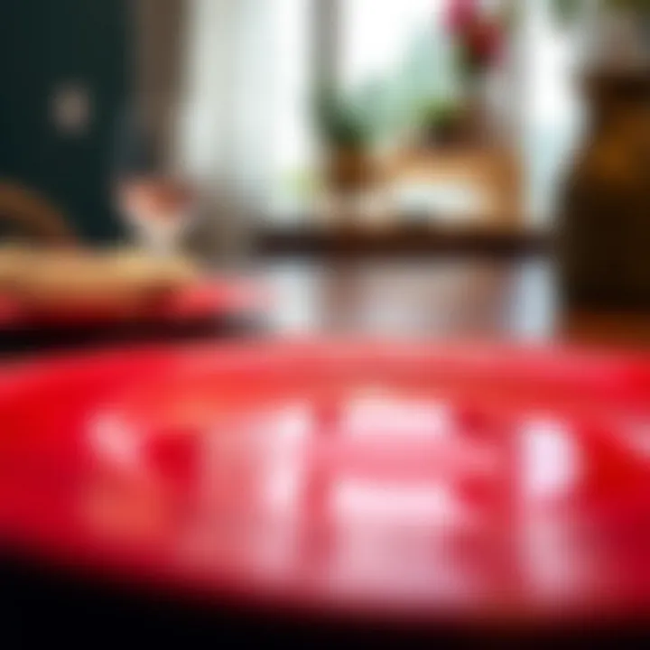 Close-up of a red charger plate highlighting its intricate design