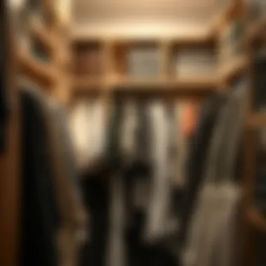 Detailed view of closet organization with shelves and hangers.