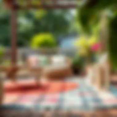 A vibrant patio showcasing a variety of rug styles in a garden setting