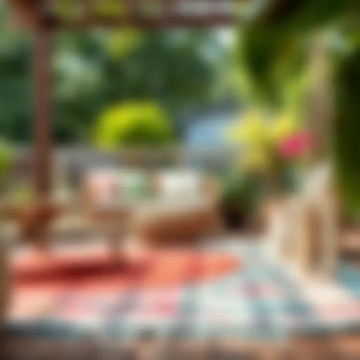 A vibrant patio showcasing a variety of rug styles in a garden setting