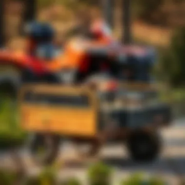 A robust utility cart designed for outdoor use with a four-wheeler in the background