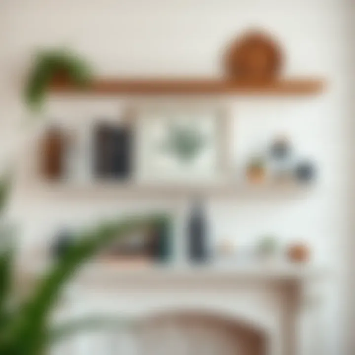 Creative arrangement of books and decor items on a white distressed mantel shelf