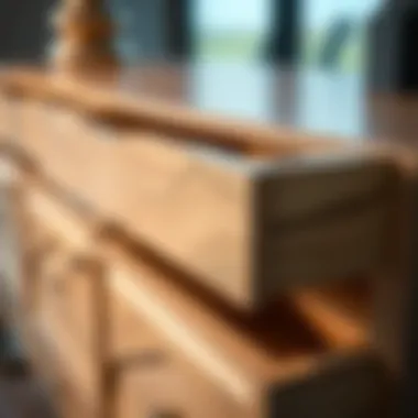 Close-up of the drawer detailing on a five-drawer dresser