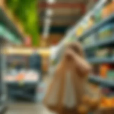 An eco-conscious shopper using a nylon mesh bag at a grocery store