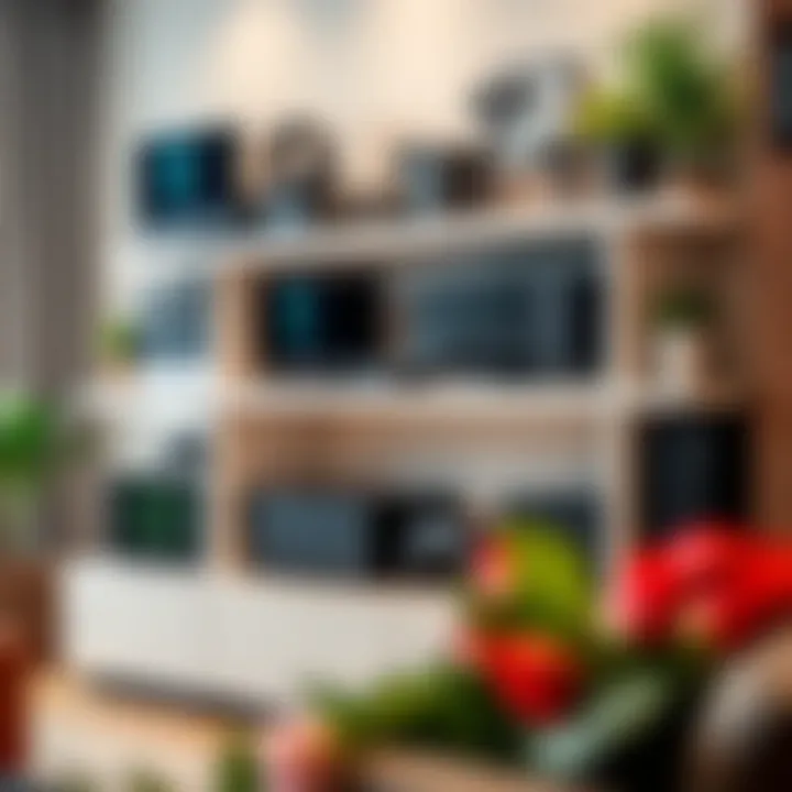 Organized gaming accessories on a modern shelf