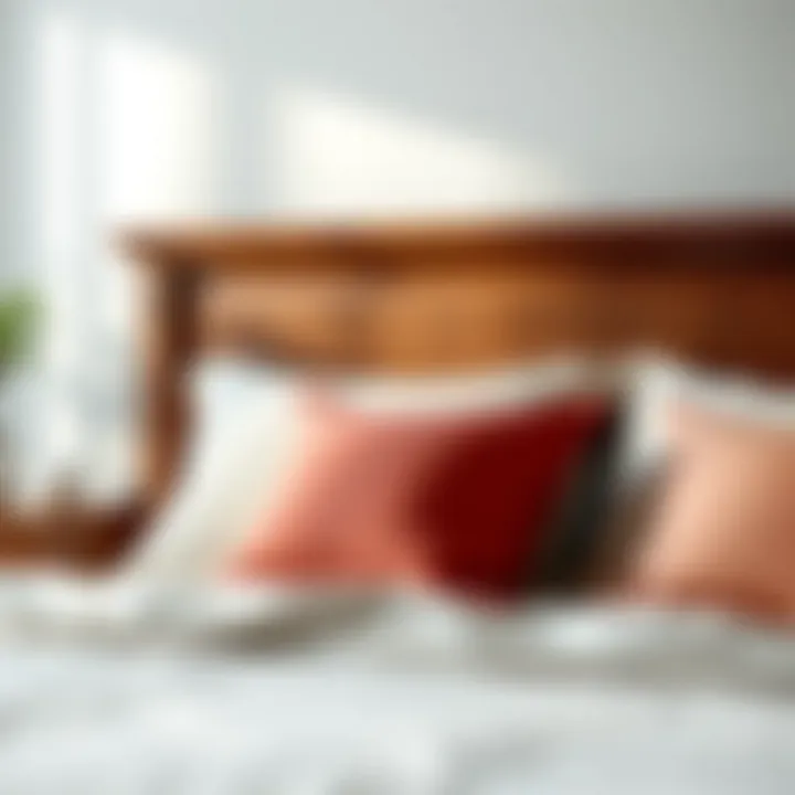 Elegant wooden brown headboard paired with soft bedding