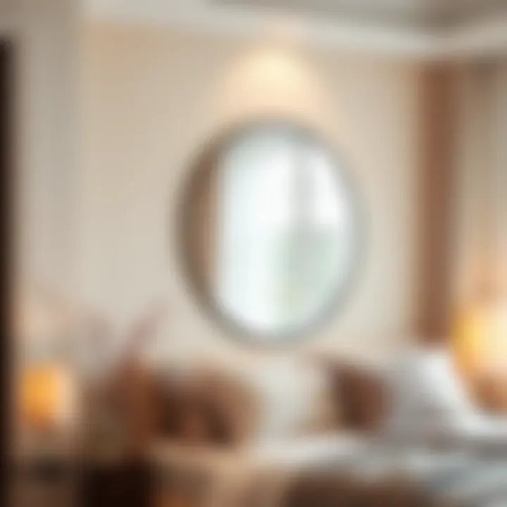 Oval metal frame mirror enhancing a cozy bedroom ambiance.
