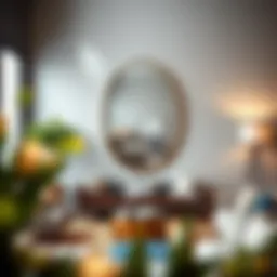 Elegant oval metal frame mirror in a modern living room.