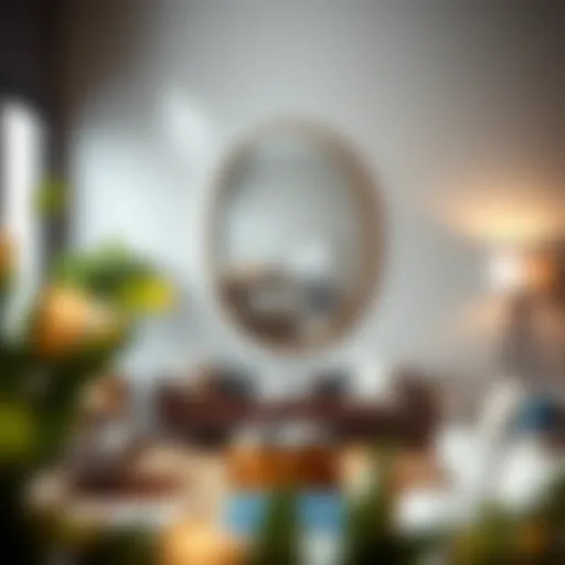 Elegant oval metal frame mirror in a modern living room.