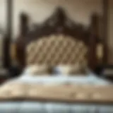 Luxurious wooden king size bed frame with ornate headboard.