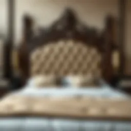 Luxurious wooden king size bed frame with ornate headboard.
