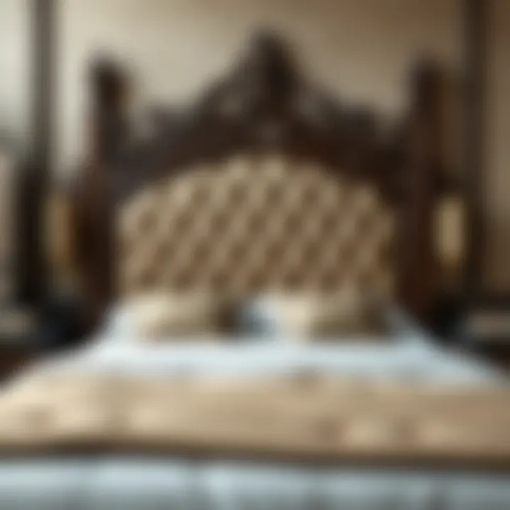 Luxurious wooden king size bed frame with ornate headboard.