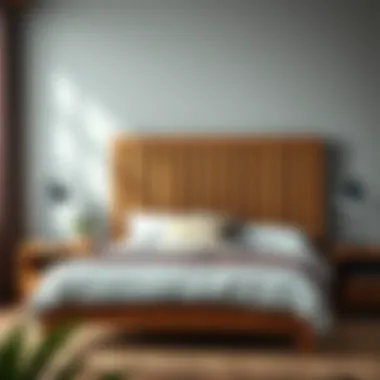 Rustic king size bed frame with a wooden slatted headboard.