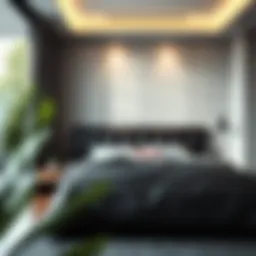 Stylish black floating headboard in modern bedroom