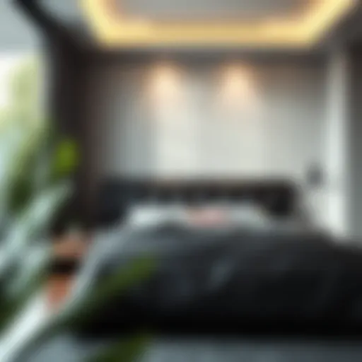 Stylish black floating headboard in modern bedroom