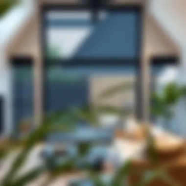 Sleek black metal blinds in a modern living room