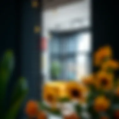 Black metal blinds contrasting with vibrant interior decor