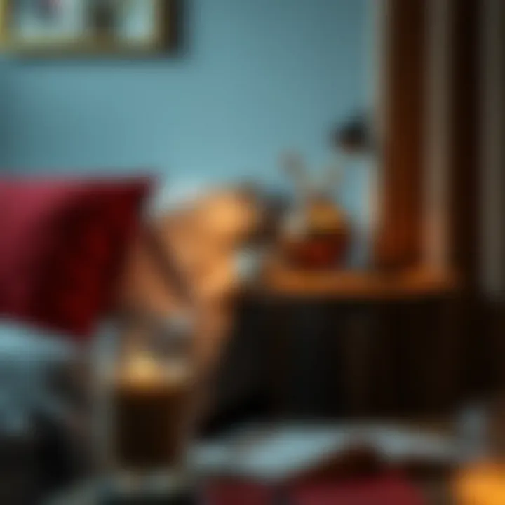 A cozy bedside scene showcasing a C table adorned with decorative items and a cup of coffee.