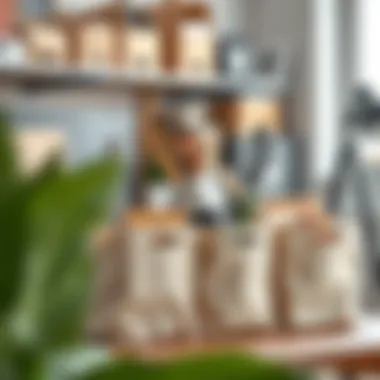 Organized workspace featuring canvas storage bins for supplies