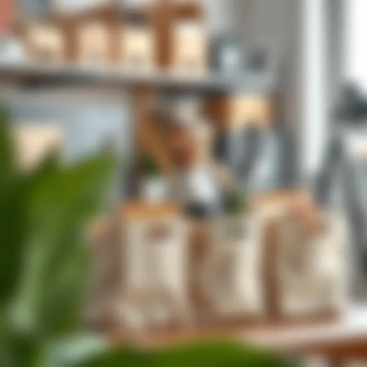 Organized workspace featuring canvas storage bins for supplies