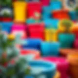 Vibrant collection of colorful plastic pots arranged aesthetically.