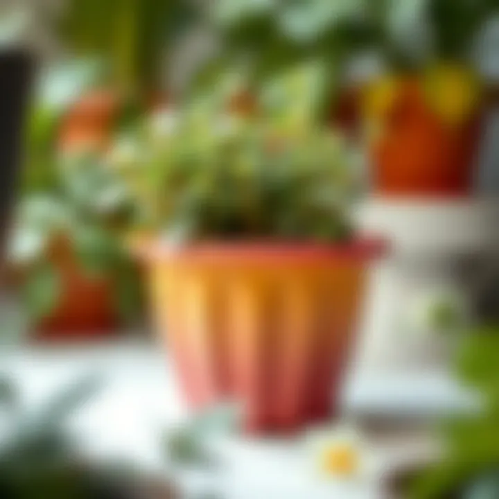 A close-up of a colorful pot with healthy plants thriving inside.