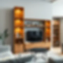 Elegant wooden standing shelves in a modern living room