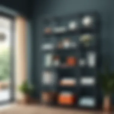 Metal standing shelves showcasing books and decor