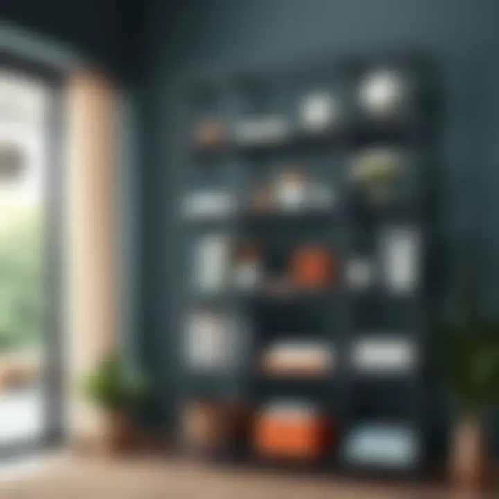 Metal standing shelves showcasing books and decor