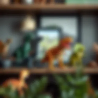 Dinosaur Accessories for Decor Playful dinosaur figurines and accessories displayed on a shelf