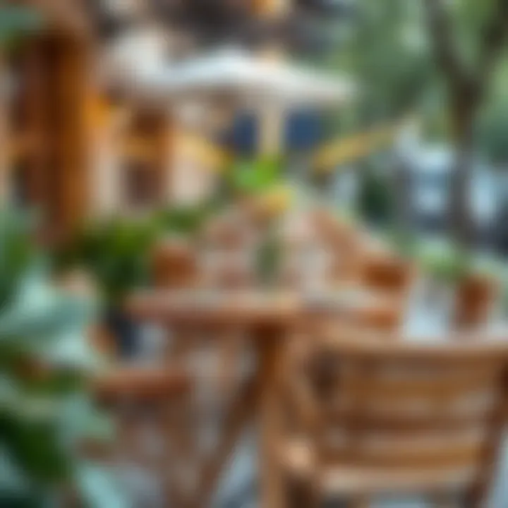 Elegantly set wooden bistro table in a cozy outdoor café