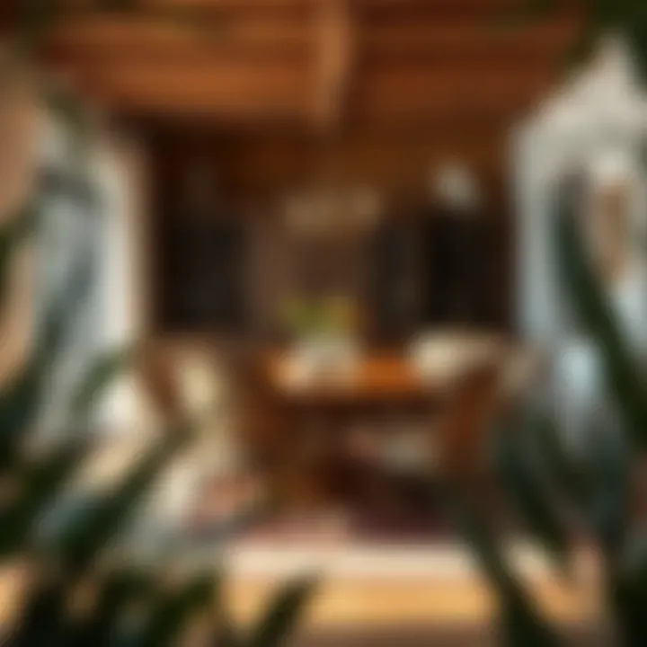 Rustic dining space featuring an eight-chair wooden ensemble