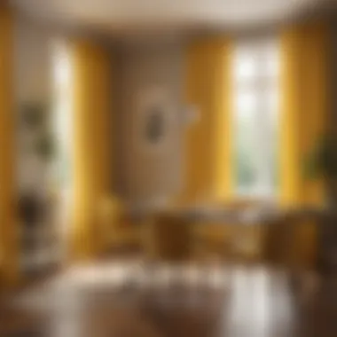 Dining area illuminated by yellow and taupe curtains