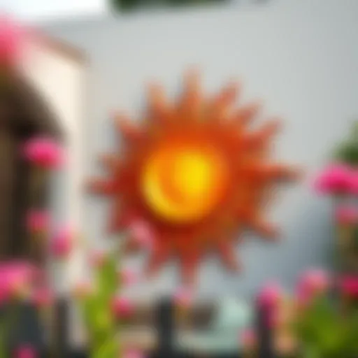 A stunning large sun-shaped outdoor wall art piece, radiating warmth and vibrant colors.