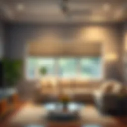 Elegant living room featuring Roman shades and a coordinating valance.