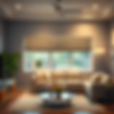 Elegant living room featuring Roman shades and a coordinating valance.