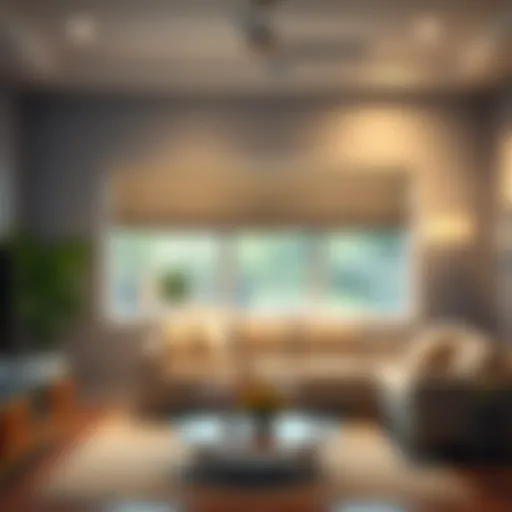 Stylish Combination of Roman Shades and Valance in a Modern Living Space Elegant living room featuring Roman shades and a coordinating valance.