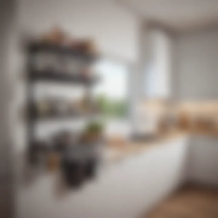 Creative arrangement of wall-mounted racks in a compact kitchen