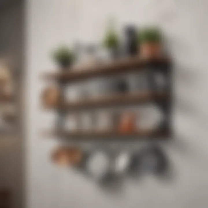 Modern wall-mounted shelf displaying unique kitchenware and decor