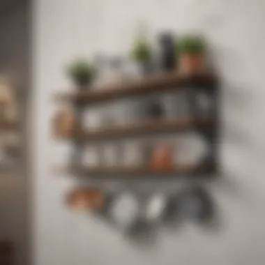 Modern Wall-Mounted Shelf with Unique Kitchenware Modern wall-mounted shelf displaying unique kitchenware and decor
