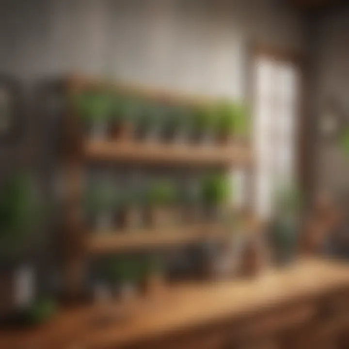Rustic wooden storage rack adorned with potted herbs and utensils