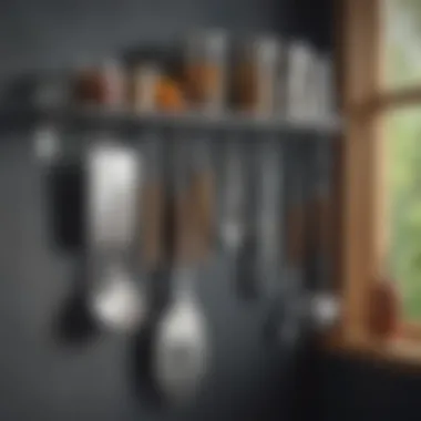 Sleek Metal Kitchen Rack with Culinary Tools Sleek metal wall-mounted kitchen rack showcasing culinary tools and spices