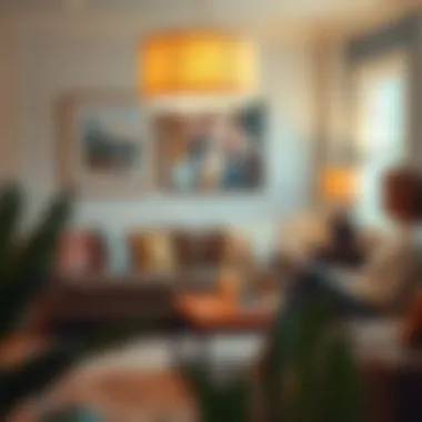 A beautifully designed large lamp shade enhancing a cozy living room