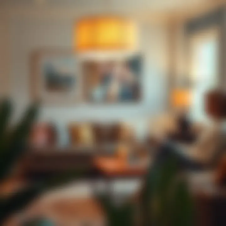 A beautifully designed large lamp shade enhancing a cozy living room