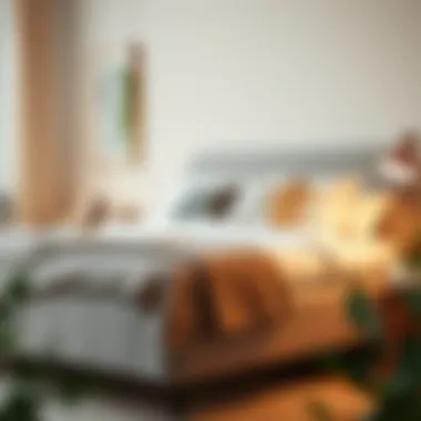 Stylishly arranged queen-size bed featuring a lightweight summer blanket and decorative pillows