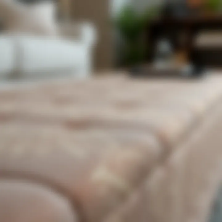 Close-up of luxurious fabric and intricate design of a long narrow storage ottoman