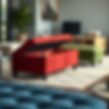 Variety of long narrow storage ottomans showcasing different styles and colors